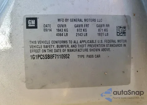 2015 Chevrolet Cruze Lt from USA, damaged, VIN 1G1PC5SB8F7110952